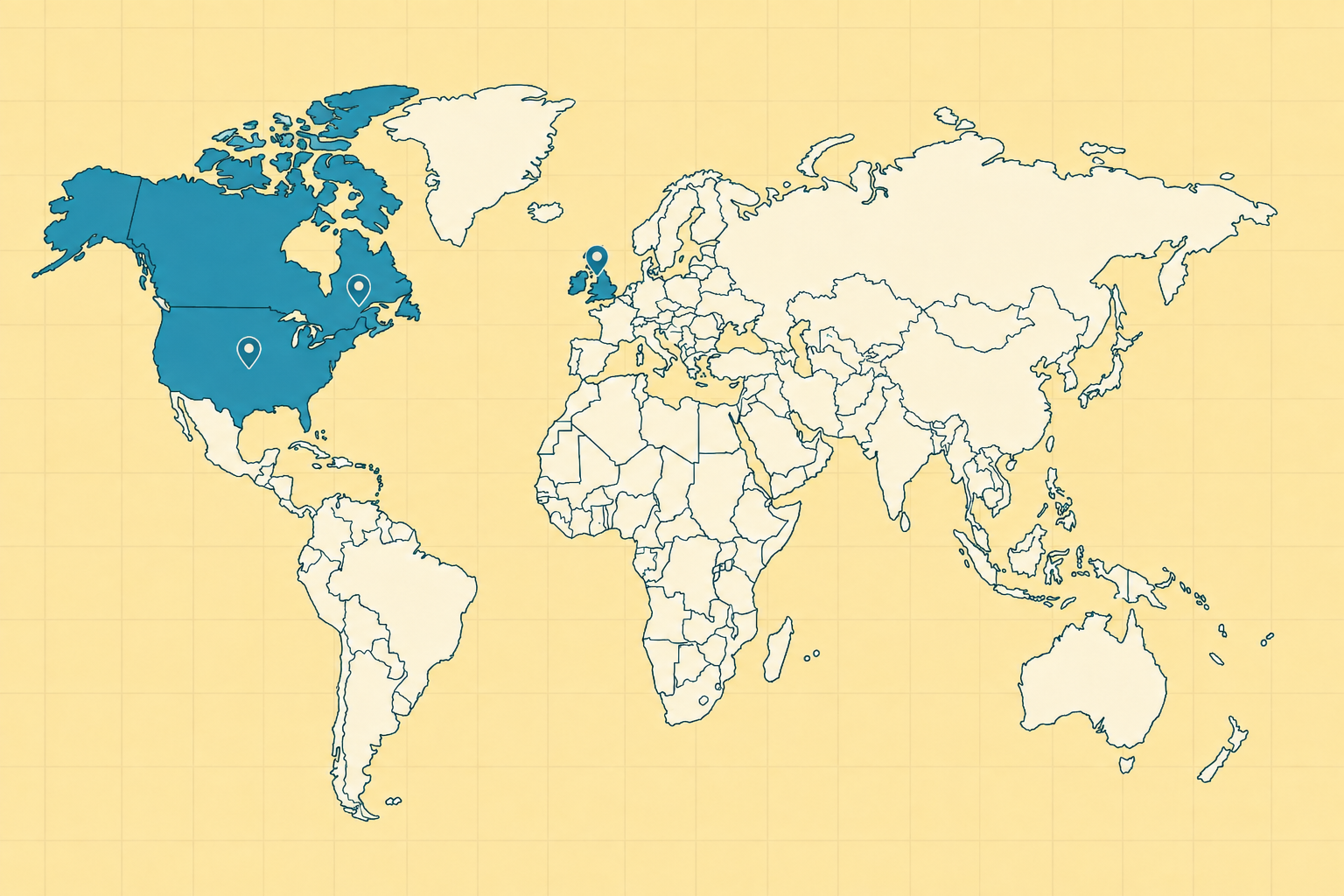 World map with the United States, Canada and the United Kingdom highlighted in ocean blue