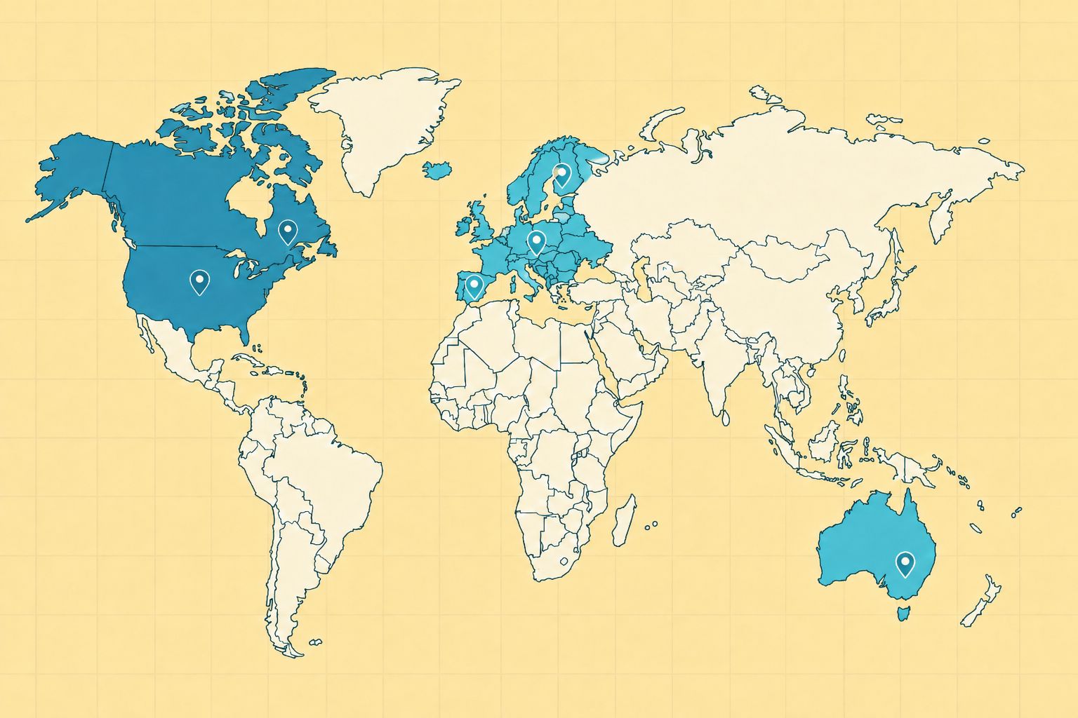 World map adding Europe and Australia in turquoise while step-one markets stay ocean blue