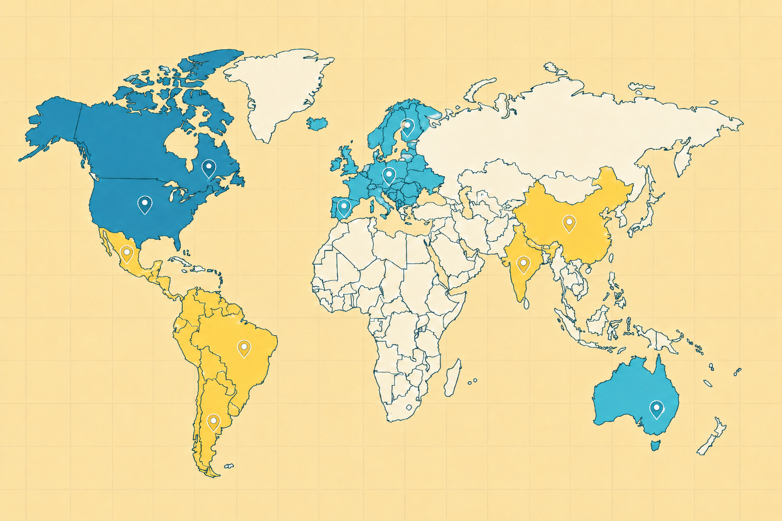 World map adding Latin America, China and India in sun yellow while earlier steps keep their marks