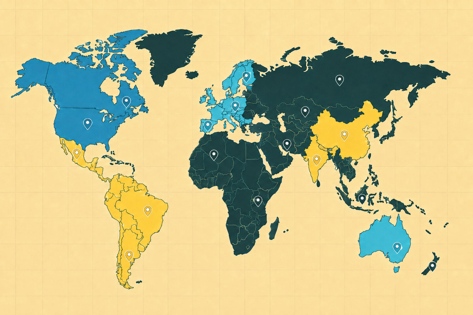 World map adding all remaining markets in dark ink teal while every earlier step keeps its mark